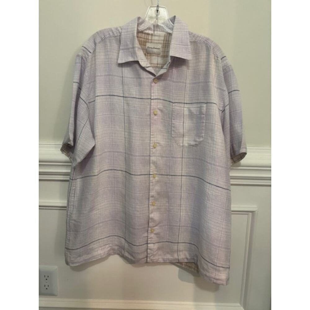 Tommy Bahama Linen Shirt Short Sleeve Plaid Button Down Mens Large Casual
